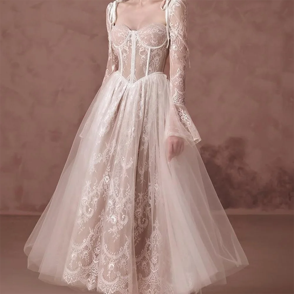 

Elegant Sweetheart Lace Full Sleeve A-Line Formal Evening Dresses Birthday Party Prom Gowns Customized