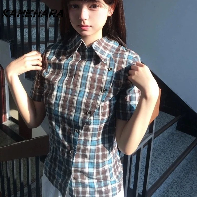 

KAMEHARA American 2000s Style Spicy Girl Shirt Short Sleeved Summer Contrasting Plaid T-Shirts Fashion Slim Fit Top Japanese Y2k