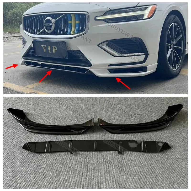 3 Pcs Car Front Bumper Lip Diffuser Splitter Body Kit Lower Bumper Protector For Volvo S60 V60 (Only For SPORT Style) 2020-2025