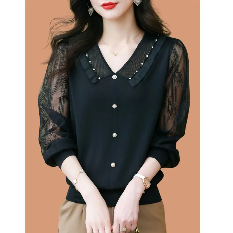 

Women's 2024 New Spring Autumn Solid Color V-Neck Beading Spliced Gauze Long Sleeve Elegant Casual Loose Versatile Knitted Tops