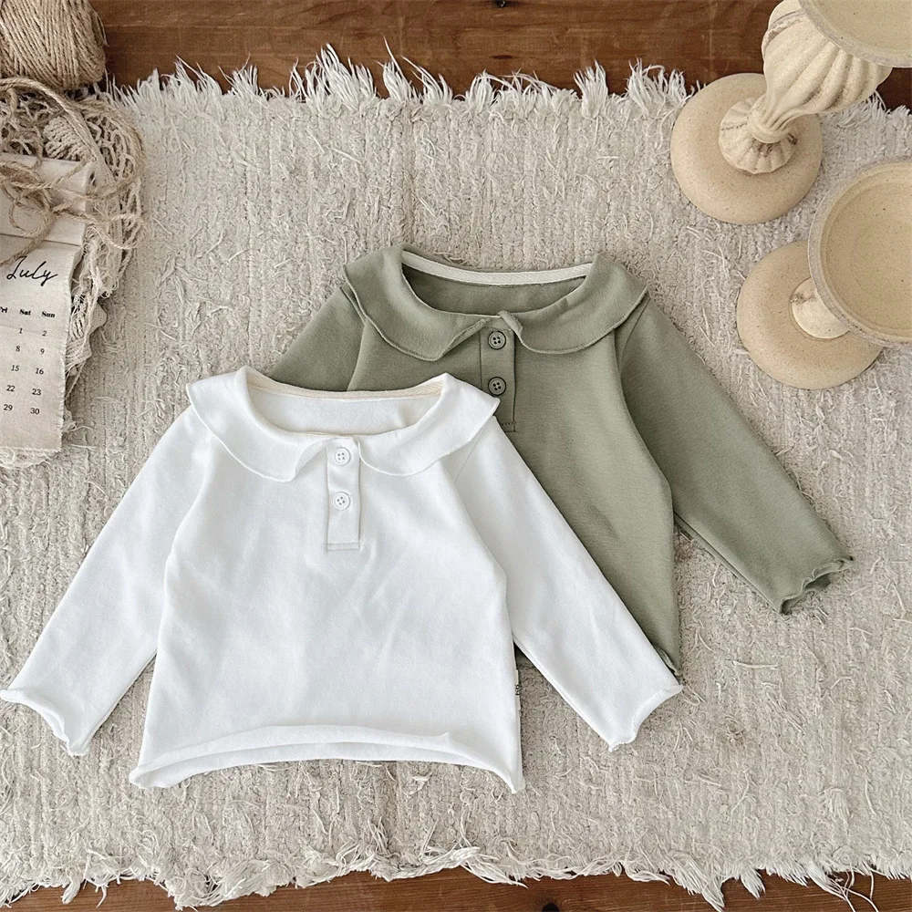 

2024 Autumn New Baby Girl Solid Peter Pan Collar Bottoming Shirt Cotton Children Clothes Infant Toddler Casual Long Sleeve Tops