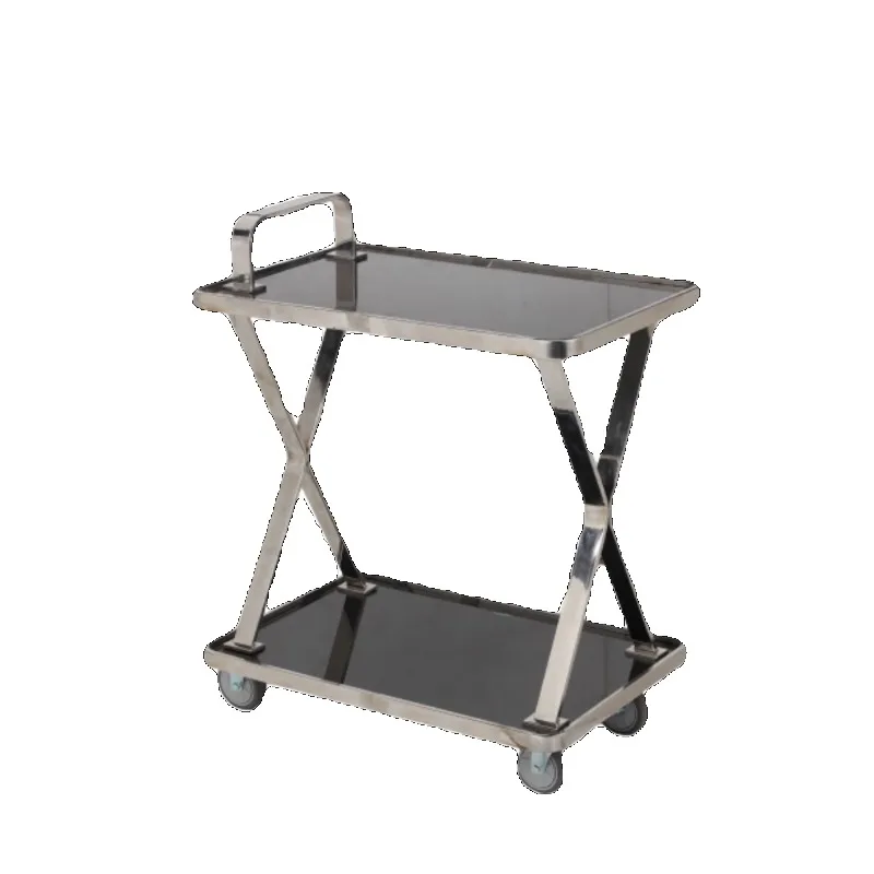 Stainless steel X-type double-layer wine cart, hand-held trolley, hotel restaurant general service food delivery cart