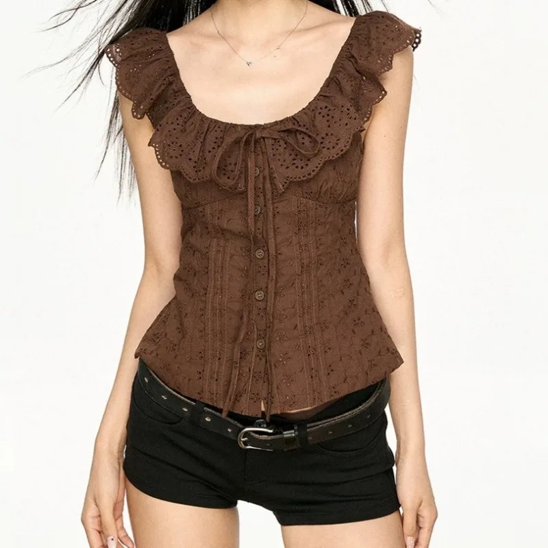 

New Vintage Ruffle Sleeve Shirt Blouse Women Summer Slimming Waist Blosue 2026 Long Sleeve Casual Fashion Preppy Blusa Feminina