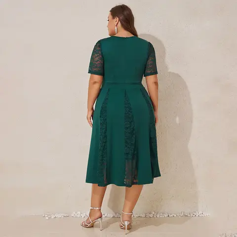 Plusstorlekar Dam Elegant Enfärgad Spets V-ringad Puffärm A-linjeformad Midiklänning Dam Fest Cocktail Kväll Balklänning Storlek 0XL-5XL 8 best sales middagsklänning för plus size - №3