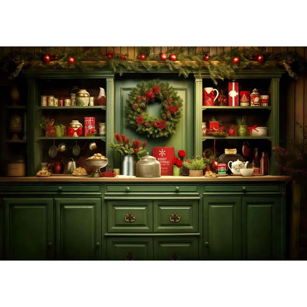 Allenjoy Red and Green Christmas Kitchen Backdrop