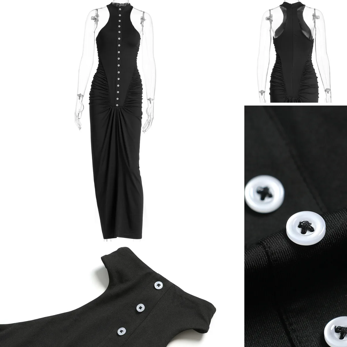 Apprabant 女性秋の新マキシドレスシャーリングボタンノースリーブボディコンタンクエレガントなセクシーなスリム衣装オフィスイブニングパーティーウェア