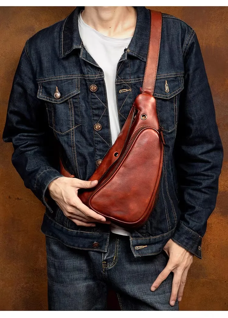 Casual Crossbody Bag Top-Layer Vegetable-Tanned Cowhide Genuine Leather Hand-Wiped Sports Backpack Chest Bag