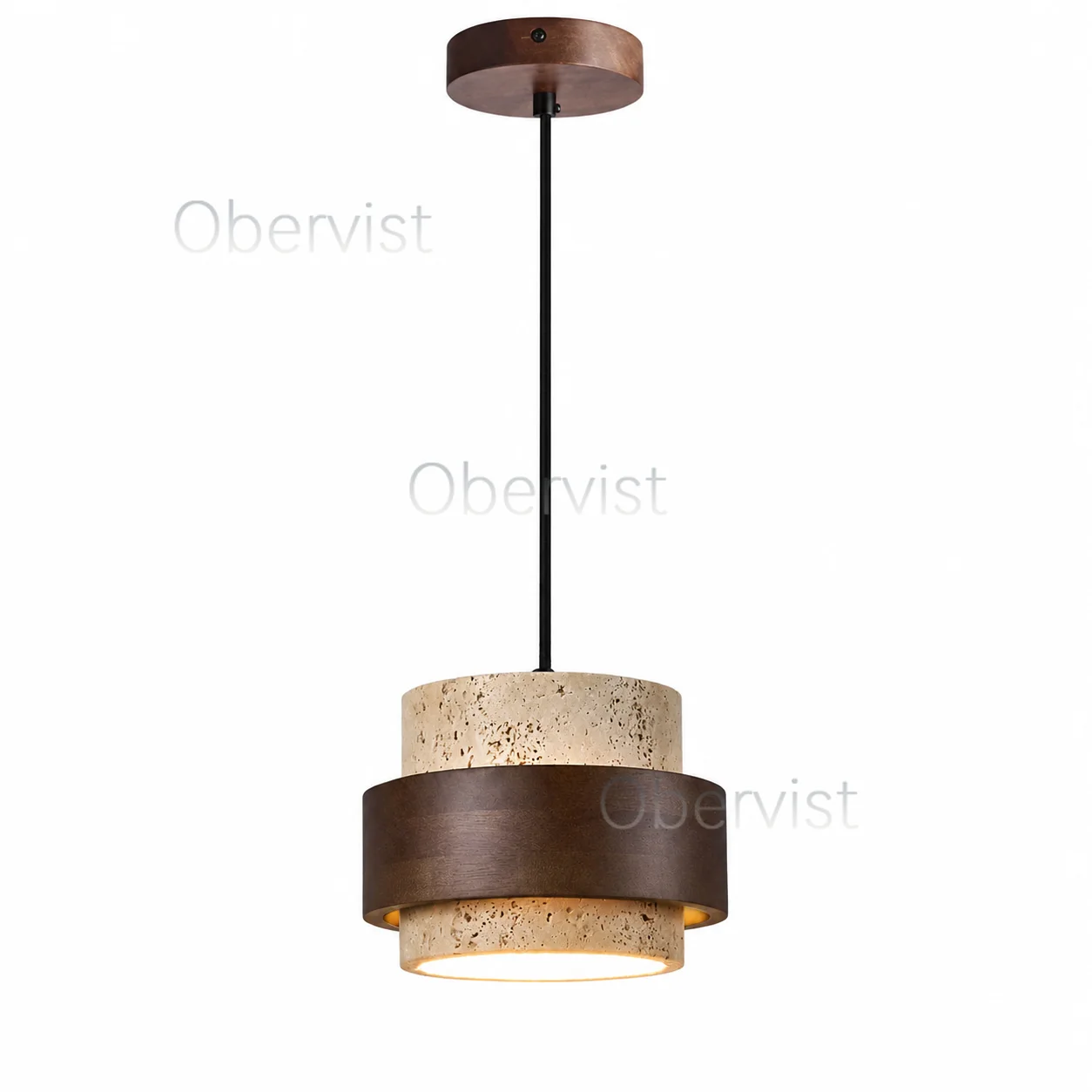 Textured Stone Pendant Light with Wood Accent, Adjustable E27 Hanging Lamp for Dining Room, Bedroom and Bar