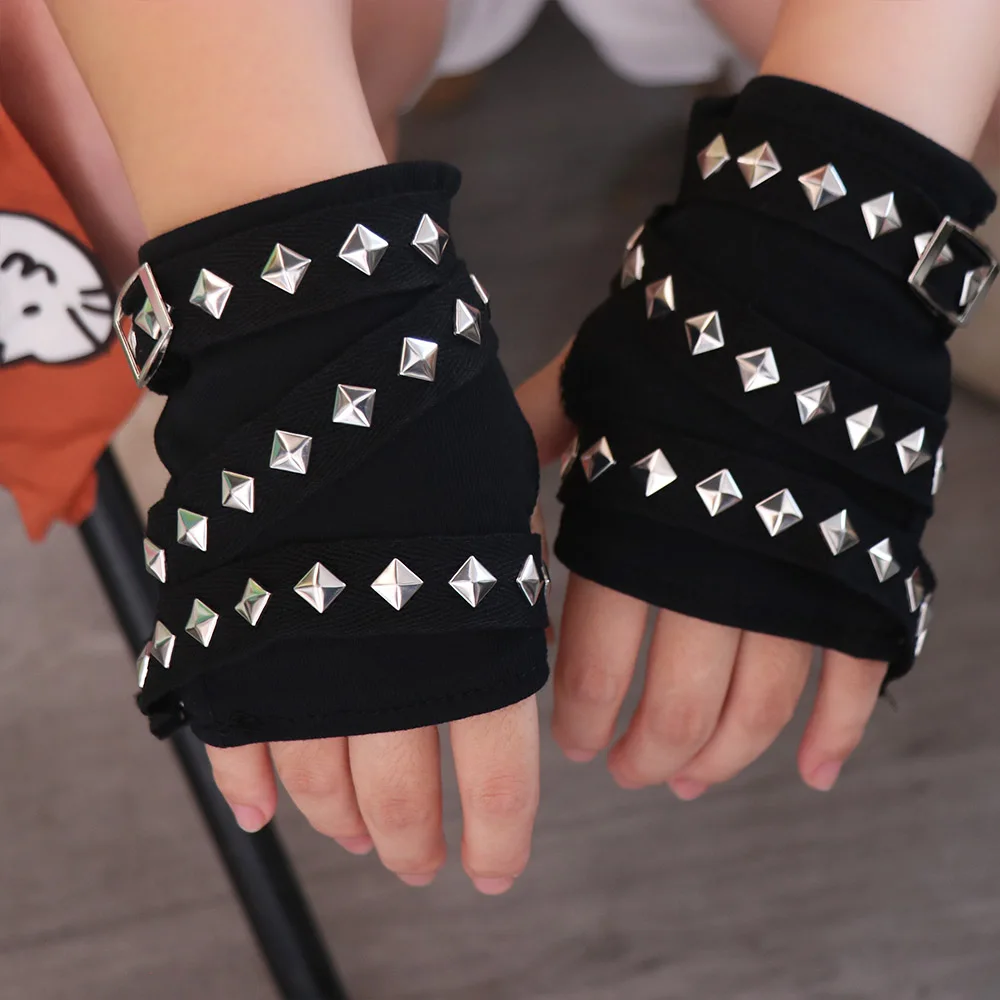 

Fashion Rope Cross Rivet Gloves Hip hop Korean Style Fingerless Gloves Harajuku Y2k Short Arm Warmer Streetwear