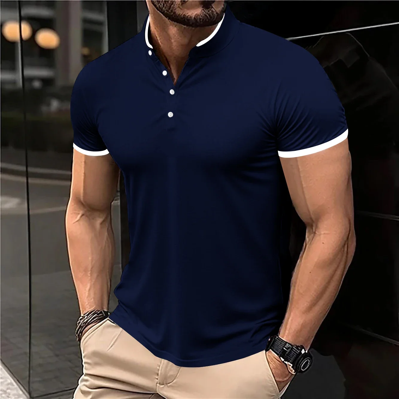 2025 New Men's Casual and Fashionable Solid Color Short Sleeved Stand Up Collar T-shirt Summer Versatile and Comfortable Top