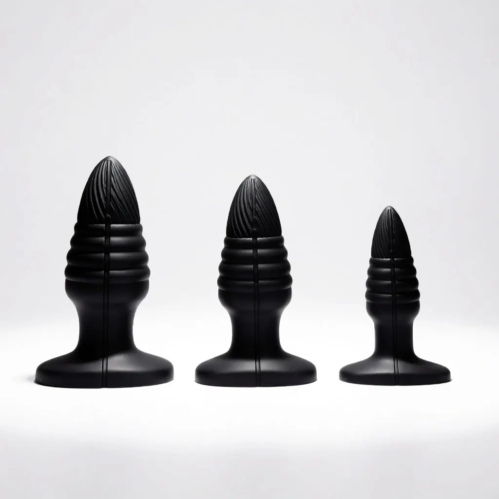 Travel Anal Plug Liquid Silicone Ribbed Butt Plug Set Non Vibrating Sex Toy for Adults S M L 10-13.5cm Black for Bedroom Play