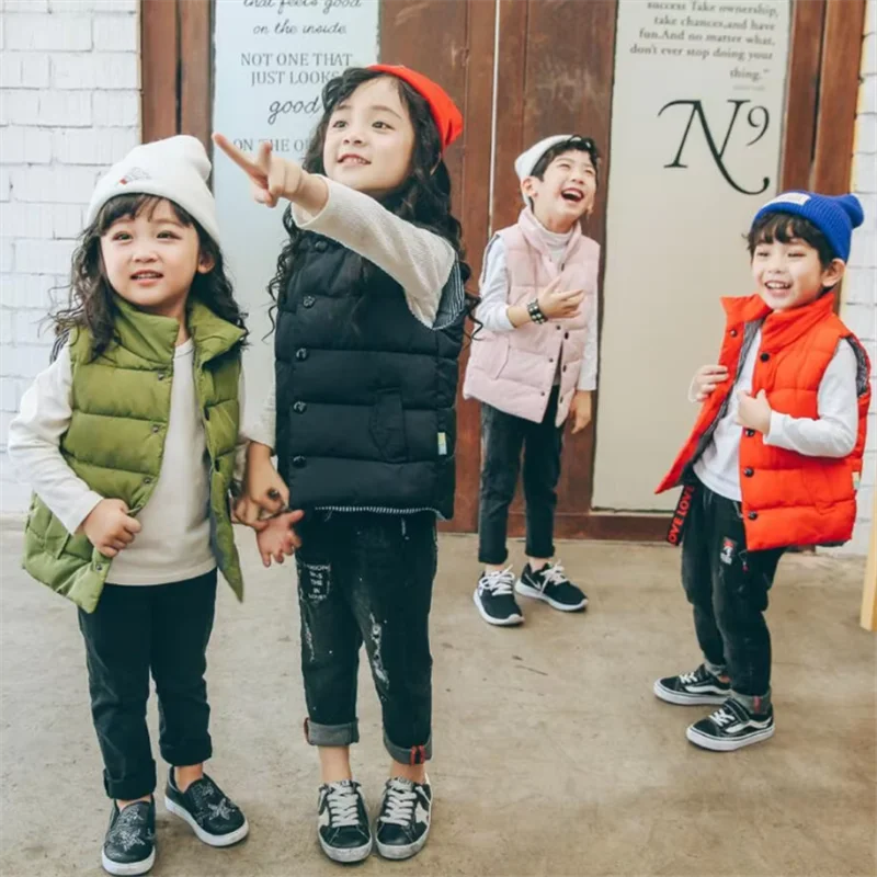 New Autumn and Winter Children's Warm Vest Fashionable Boys and Girls Stand Up Collar Casual Out Wearing Solid Color Vest