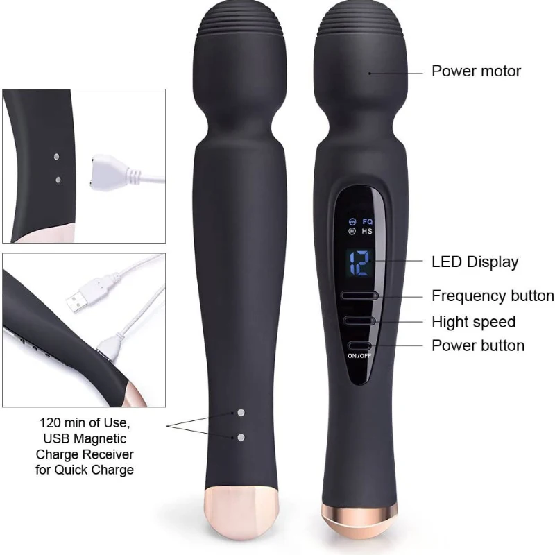 

12 Modes Strong Clit Vibrators Usb Charging Handheld Dildo AV Magic Wand Vibration Massager G-Spot Machine Toy For Women