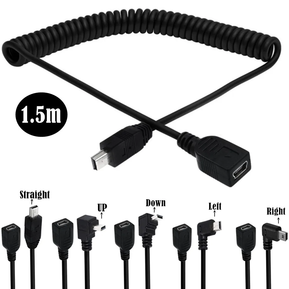 スパイラルコイル-ミニUSB5ピンメス-オスプラグアダプター,ハードディスクアダプター,デジタルカメラ,携帯電話データケーブル,1.5m