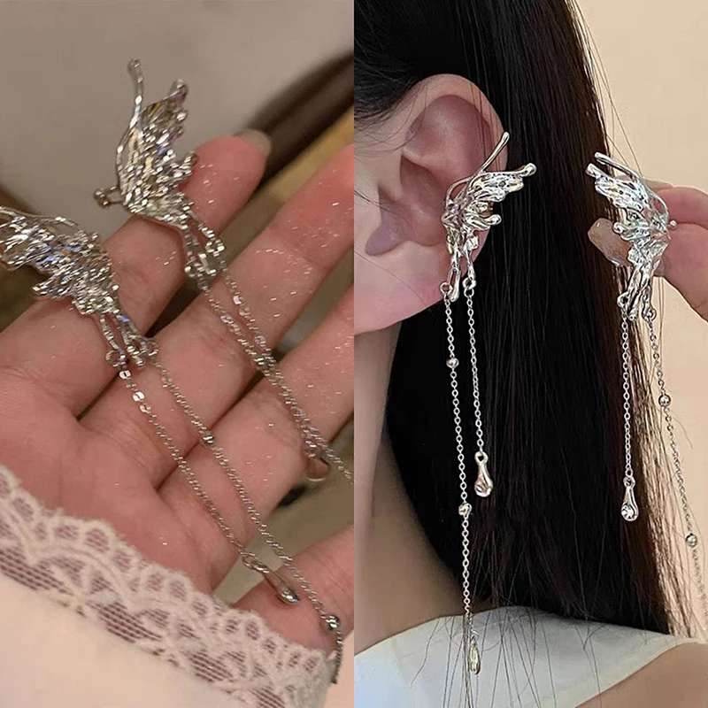 Boucles d'oreilles ailes d'ange en métal liquide, 1 paire, pompon papillon, manchette d'oreille, Non Piercing, Design Punk tendance, longue pince d'oreille pour femme, bijoux