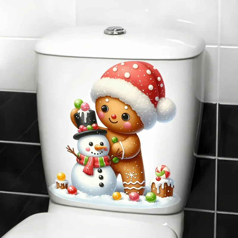 Christmas Gingerbread Man & Snowman Toilet Seat Decal Toilet Decor Living Room Cabinet Home Decoration Stickers S716