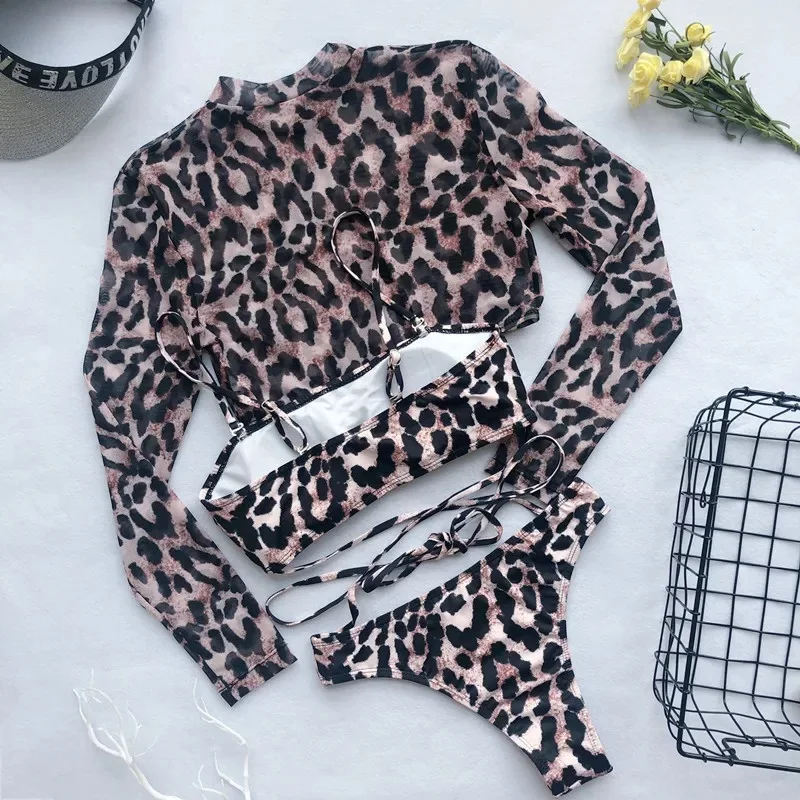 Leopard Print 3pcs Bikini Set with Cover Up Top Mesh Long Sleeve Women Swimsuit 2026 New Backless Bandage Bathing Suit Swimwear