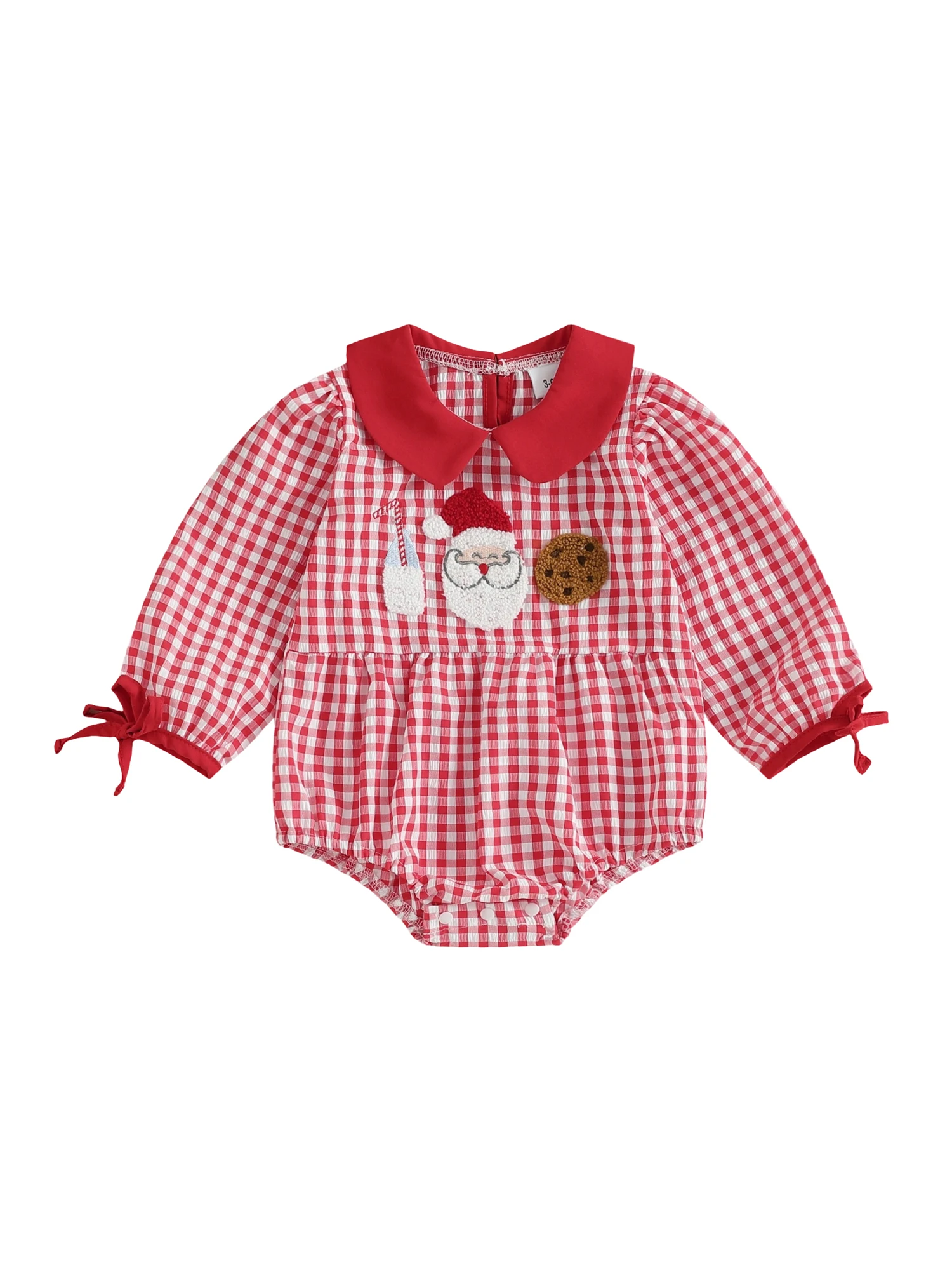 

Зимний комбинезон для маленьких девочек, красный клетчатый комбинезон с вышивкой оленя и длинными рукавами, воротник Питера Пэна, рождественский комбинезон