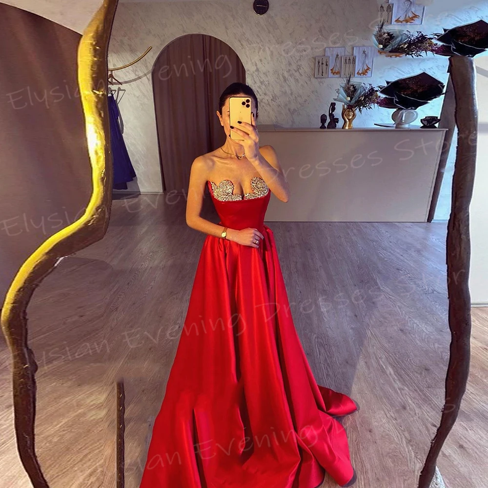 Sexy Romantic Red A Line Women\'s Evening Dresses Classic Sleeveless Strapless Beaded Prom Gowns Formal Occasion Vestido De Noche