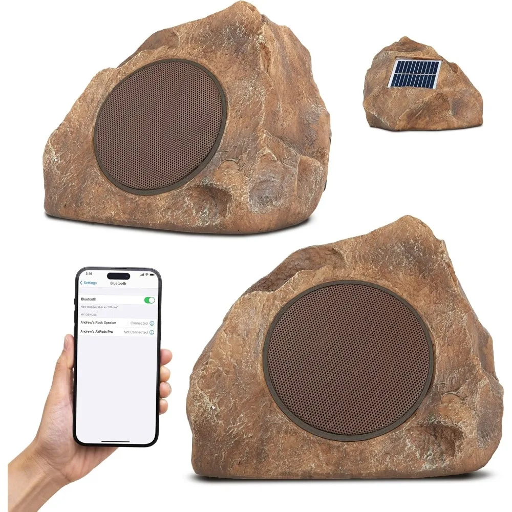 Altavoces de roca para exteriores con energía solar, inalámbricos, Bluetooth 5,0, portátiles, resistentes a la intemperie, para jardín, Patio, piscina, cubierta, patio, hogar, marrón 2