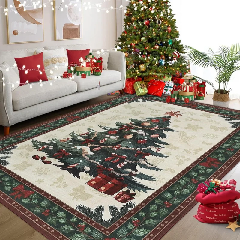 VIKAMA Happy New Year 2027 Vintage Christmas Tree Rug Cream Holly Border Carpet for Living Room Bedroom Christmas Home Decoratio