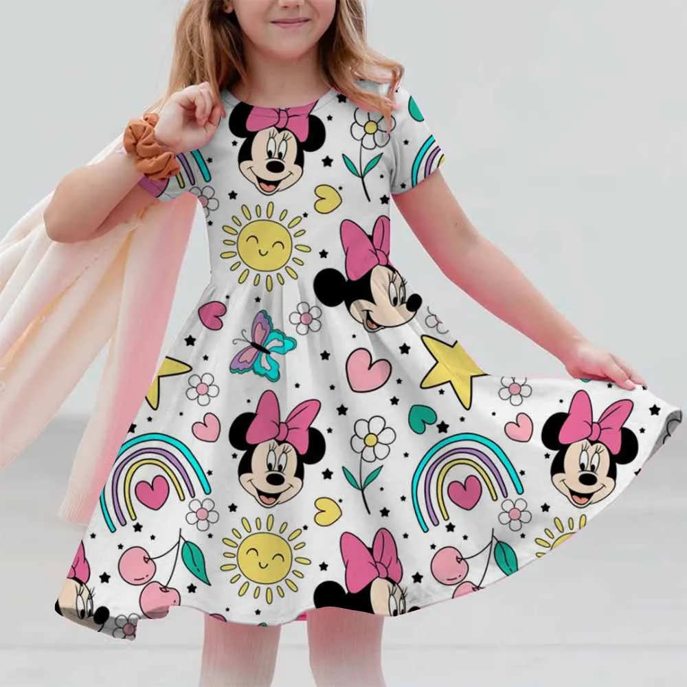 

Disney Cartoon Minnie Mouse Printed Dress Girls Summer Fashion One-piece Dress Kids Daily Casual Short Sleeve Clothing Outfit