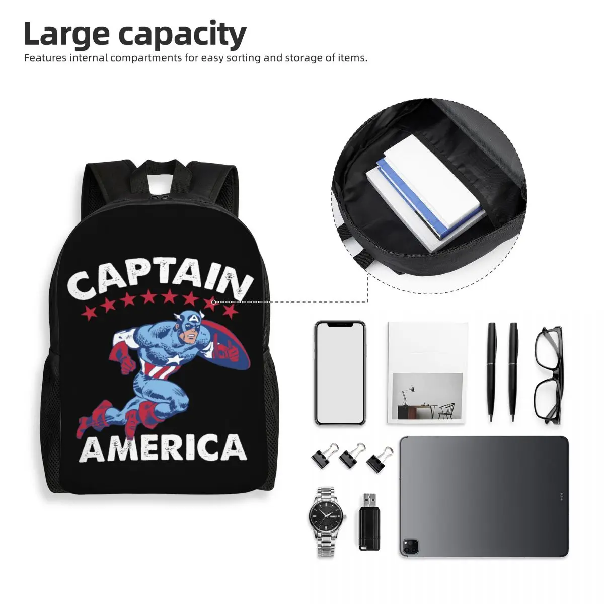 Custom Captain America Americana Backpack for Men Women Waterproof College School Bag Printing Bookbag