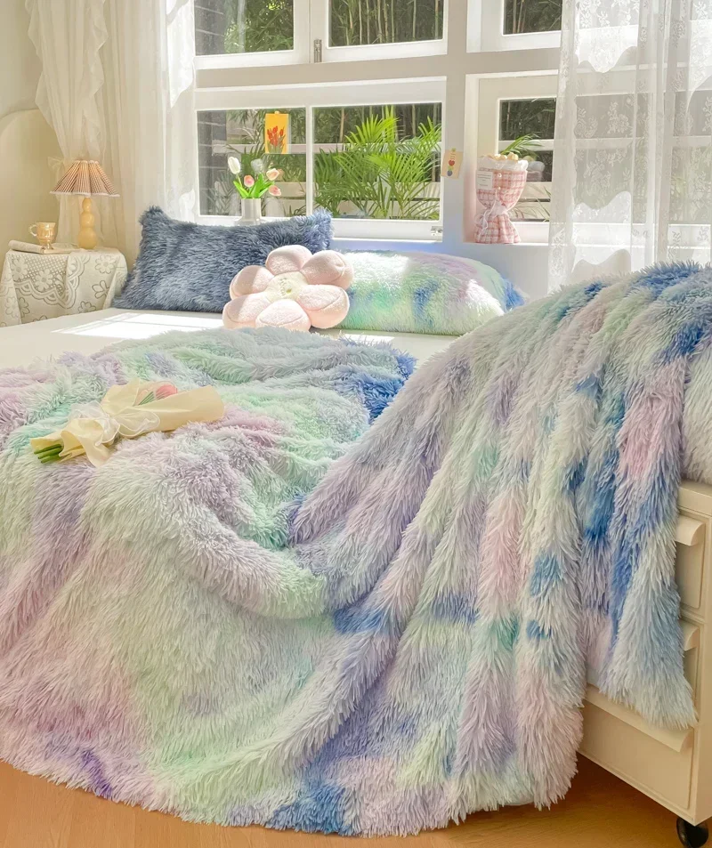 Candy Color Long Hair Duvet Cover Set Winter Warm Mink Velvet Blanket With Zipper Comforter Cover Quilt Bag Flannel Plush Double