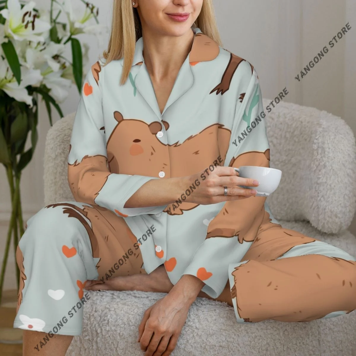 

Spring and Autumn Long Sleeve Pants Pajamas Loungewear Set Cute Capybara Wild Flower Women's Pull Edge Loose Sleeping Suit