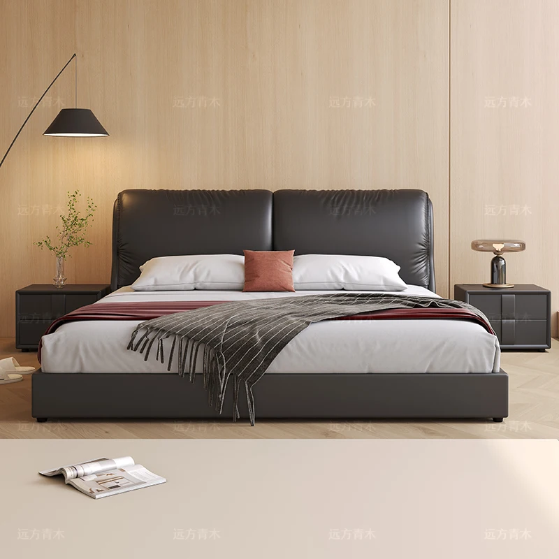 Modern minimalist style genuine leather elephant ears, new double master bedroom soft pack multifunctional storage bed