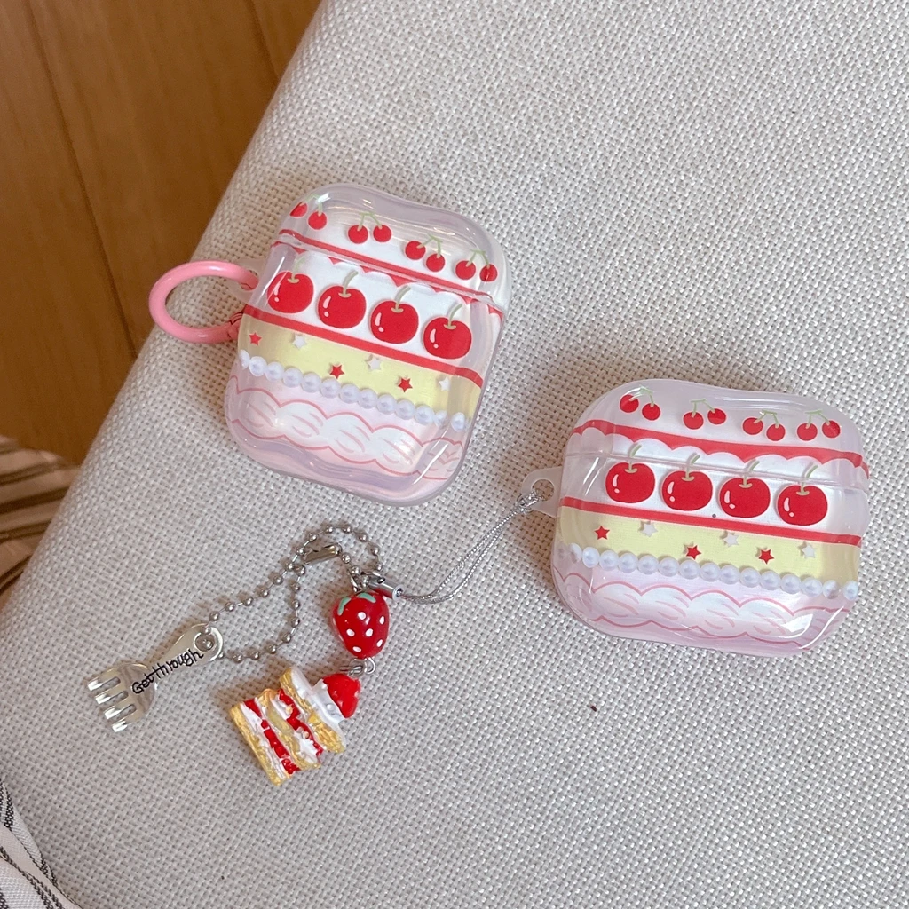 Sweet Cherry Cream Dessert Cake Wavy Edge With Pendant Shock Proof Earphone Cover Case for AirPods 1 or 2 3 4 5 Pro 2 Pro 3