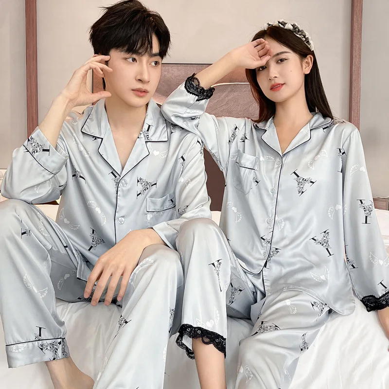 High Quality Satin Couple Pajamas Suit Men Spring Nine quarter sleeves Thin Ice Silk Sleepwear Set Women Summer Home Clothes Boy