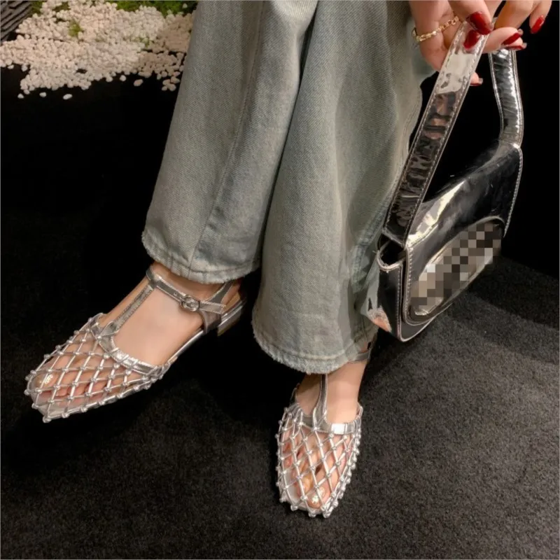 Cowhide Baotou Hollow T-strap Flat Sandals Mary Jane Shoes 2024 New High Quality Female Gold Silver Temperament Sandalias