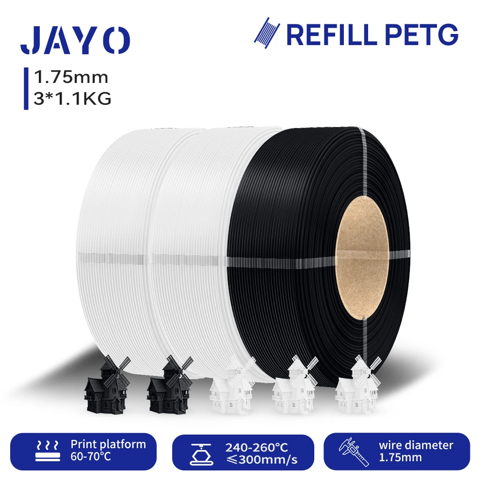 JAYO 3,3KG Nachfüll-PETG-Filament 1,75mm Nachfüll-3D-Drucker-Filament geeignet für Bambu Lab Filament & ungiftige wiederverwendbare Spulen 1,1KG/Rolle