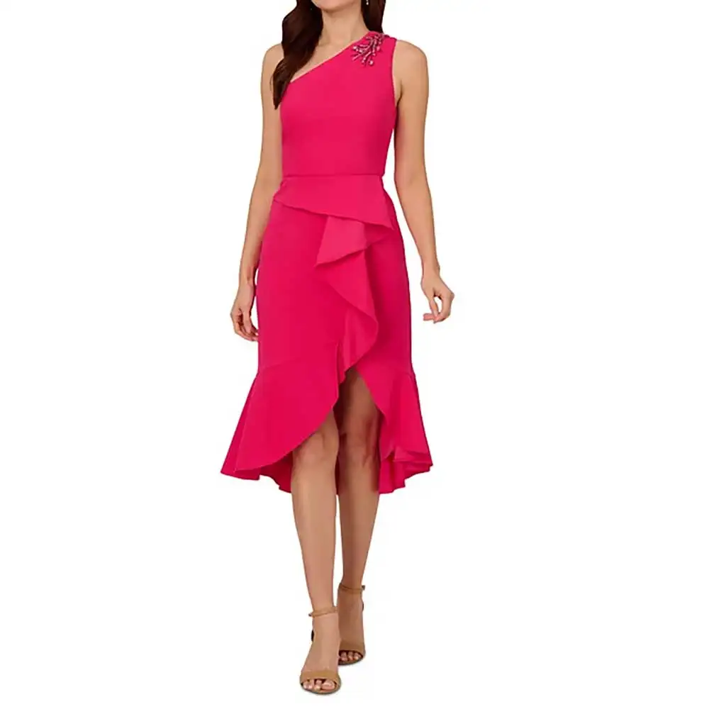 

Elegant One Shoulder Knee Length Evening Dresses For Women Ruffles Exquisite Appliques for Prom Dresses Bridesmaid Dresses