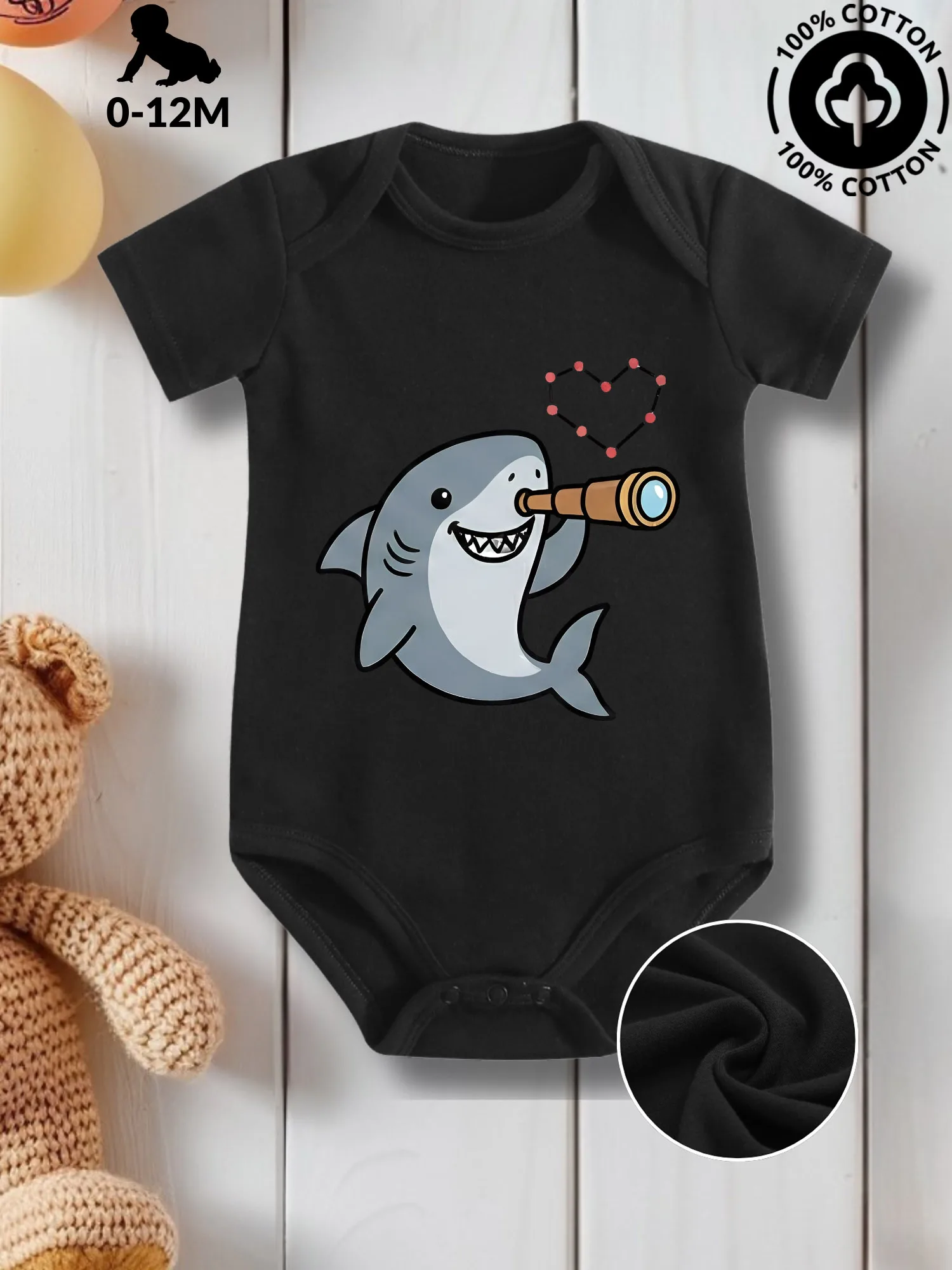 

Детский костюм унисекс с изображением акулы и телескопа, комбинезон для ухода за кожей из чистого хлопка, всесезонный черный боди 190GSM