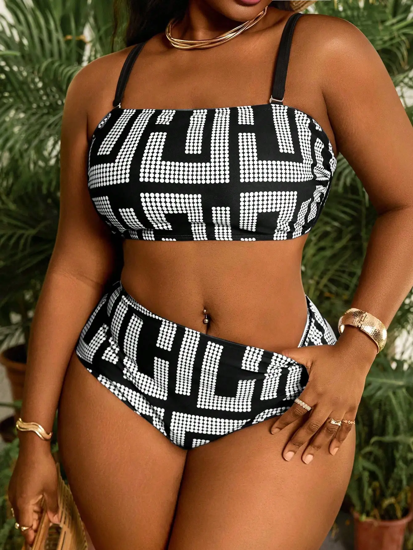 

Купальник-бандо с высокой талией и геометрическим принтом в горошек для женщин больших размеров, летняя пляжная одежда для отпуска