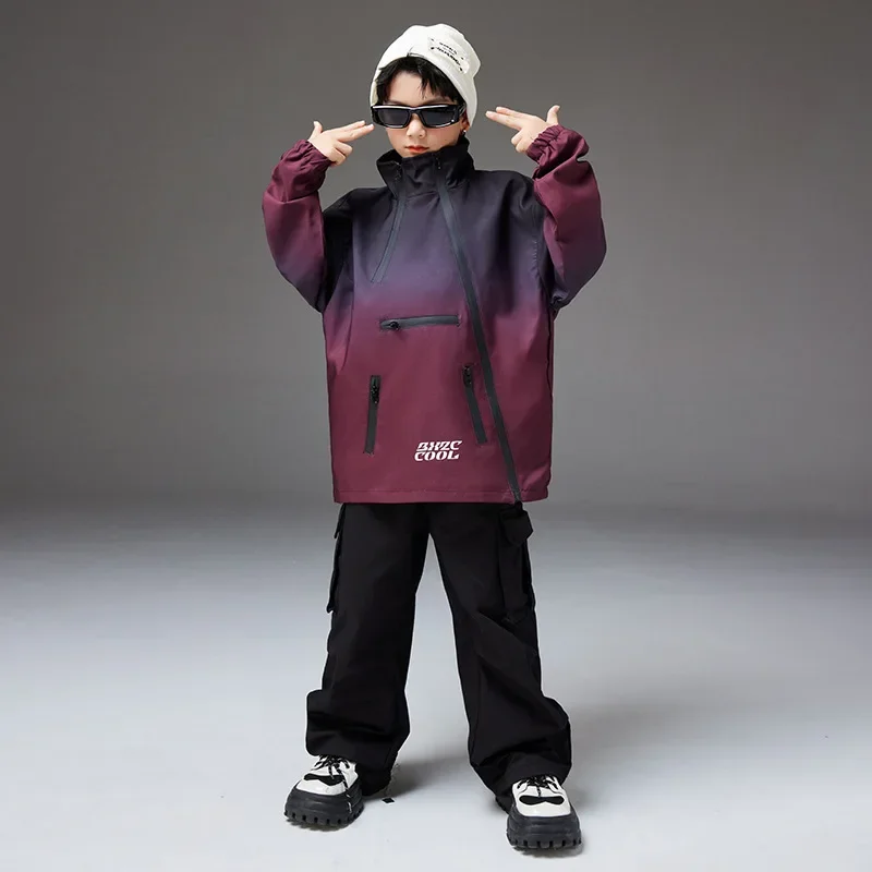 Girls Jazz Modern Dance Costumes Loose High-necked Ombre Jacket Tops Casual Cargo Pant Set Streetwear Boys Hip Hop Rave Clothes