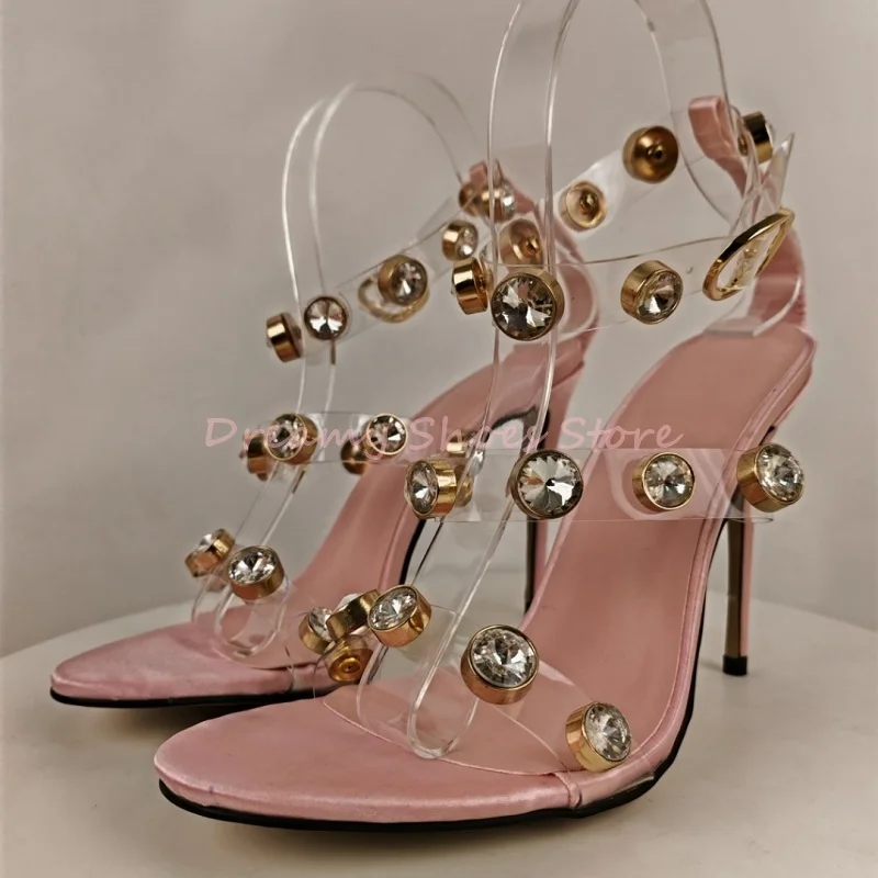 Pink Big Rhinestone PVC Strappy Thin Heel Sandals Women Open Toe Ankle Wrap High Heels Luxury Fashion Evening Prom Wedding Shoes
