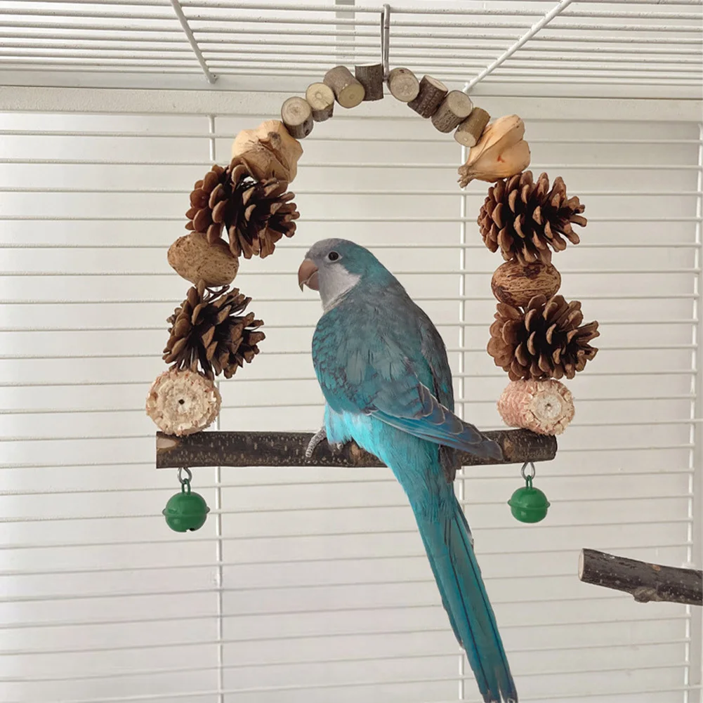 Parrot Swing Toys Wood Block Corn Cob Nuts Pinecone Bird Chew Toy Hanging Bird Perch Stand With Bell Bird Cage Toy For Cockatiel