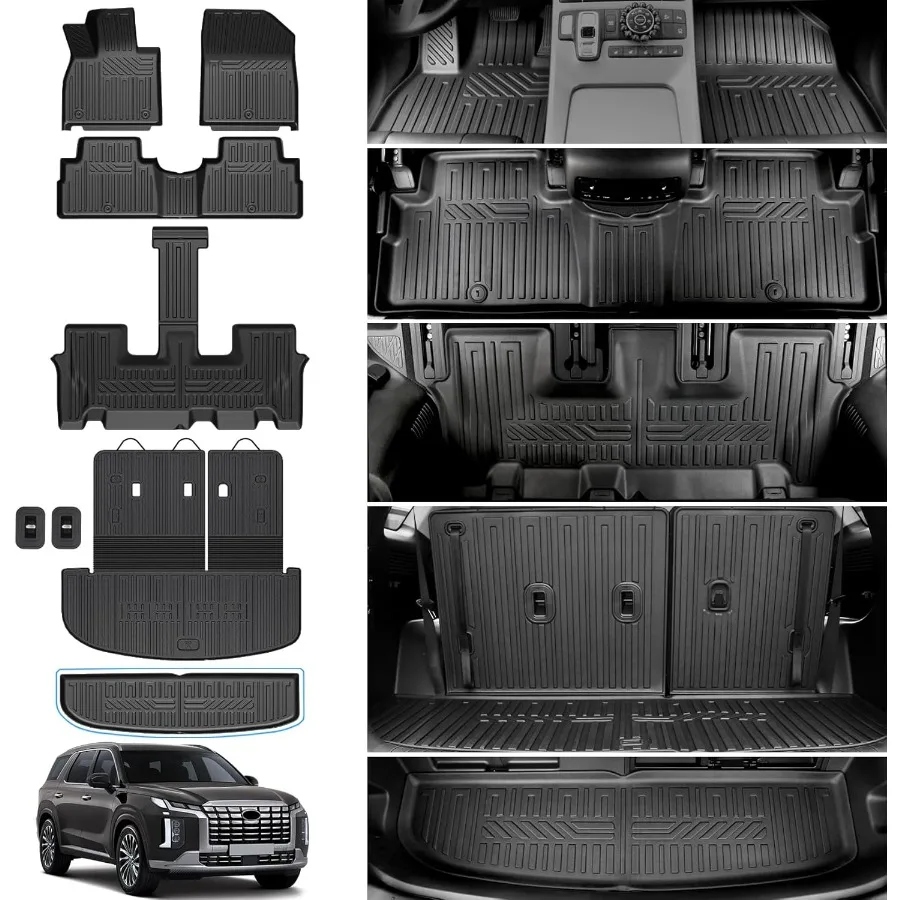 

AllWeather Floor Mats for 20202024 2025 Palisade 7 8 Passenger Models with Seat Back Cover and Lower Cargo Mat Complete Interi