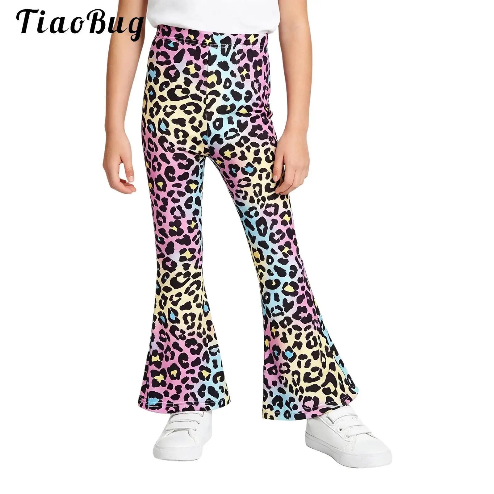 Kids Girls Leopard Print Flared Pants Bell-bottom Leggings Child High Waist Yoga Trousers for Sports Exercise Casual Daily Life