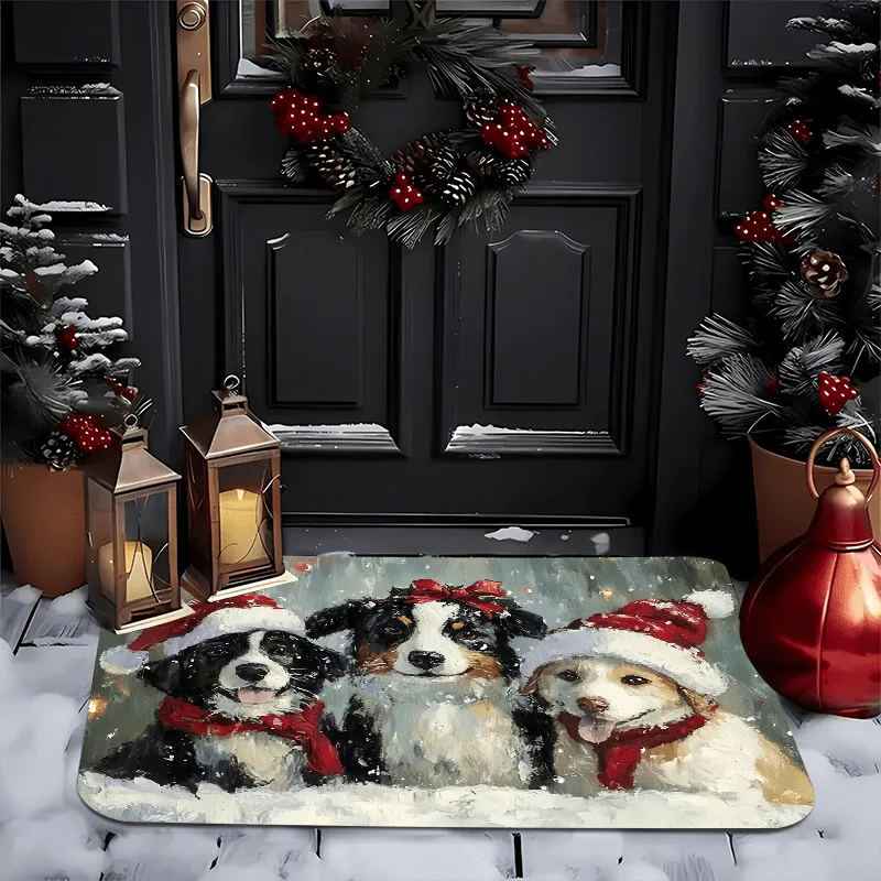 Holiday Xmas Floor Mat Cozy Winter Snow Scene Adorable Cats Wearing Red Scarves Festive Graphic Decor Rug for Home Entryway