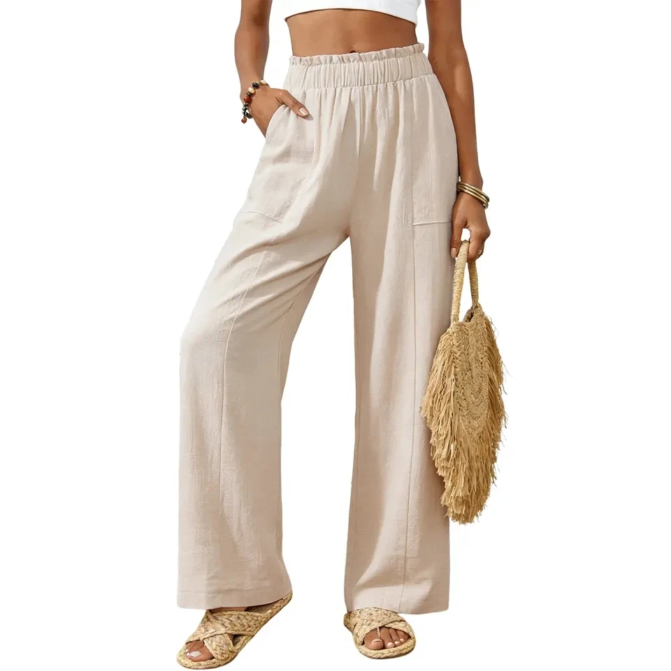 Cotton Linen Wide Leg Pants Women Summer High Waist Loose Straight Leg Trousers Solid Casual Beach Palazzo Pants With Pockets