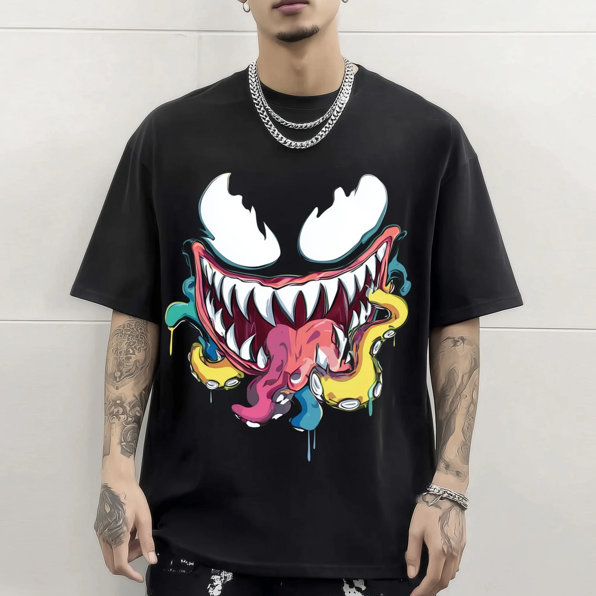 

Teevo Men's Fashion T-Shirt Colorful Monster Print Casual Streetwear Top for Daily Wear