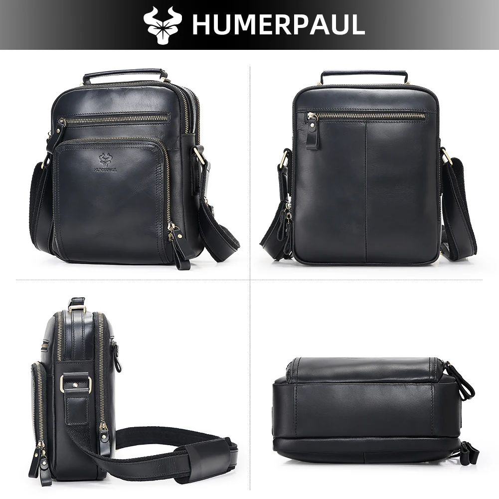 

HUMERPAUL Crazy Horse Leather Men's Shoulder Bag Vintage Office Messenger Bags Male Bolsos Casual Crossbody Messenger Sling Bag