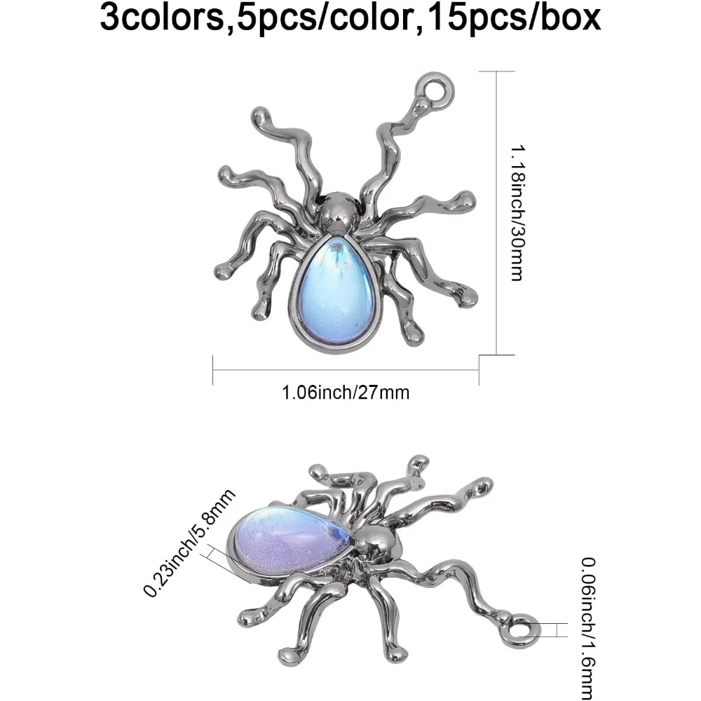 15Pcs 3Colors Halloween Spider Alloy Charms Rack Plating with Lilac Resin Beads for Jewelry Making, Mixed Color