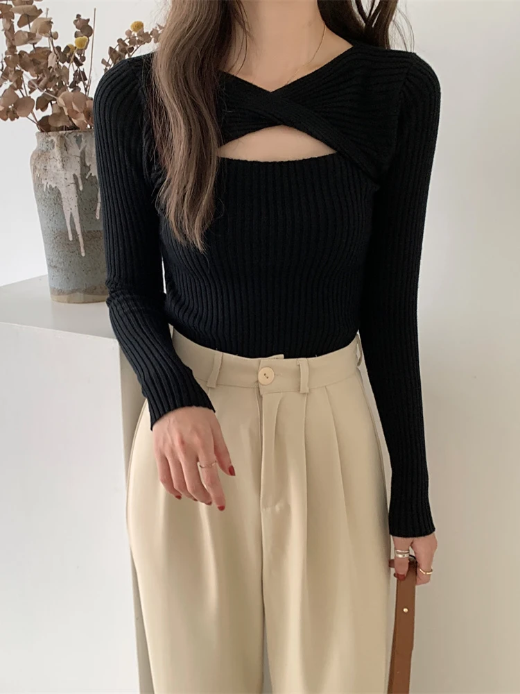 2022 Long Sleeve Knitted Sweater Sexy Autumn Fashion Sexy Hollow Out Black White Jumper Top Female Pullover Y2K