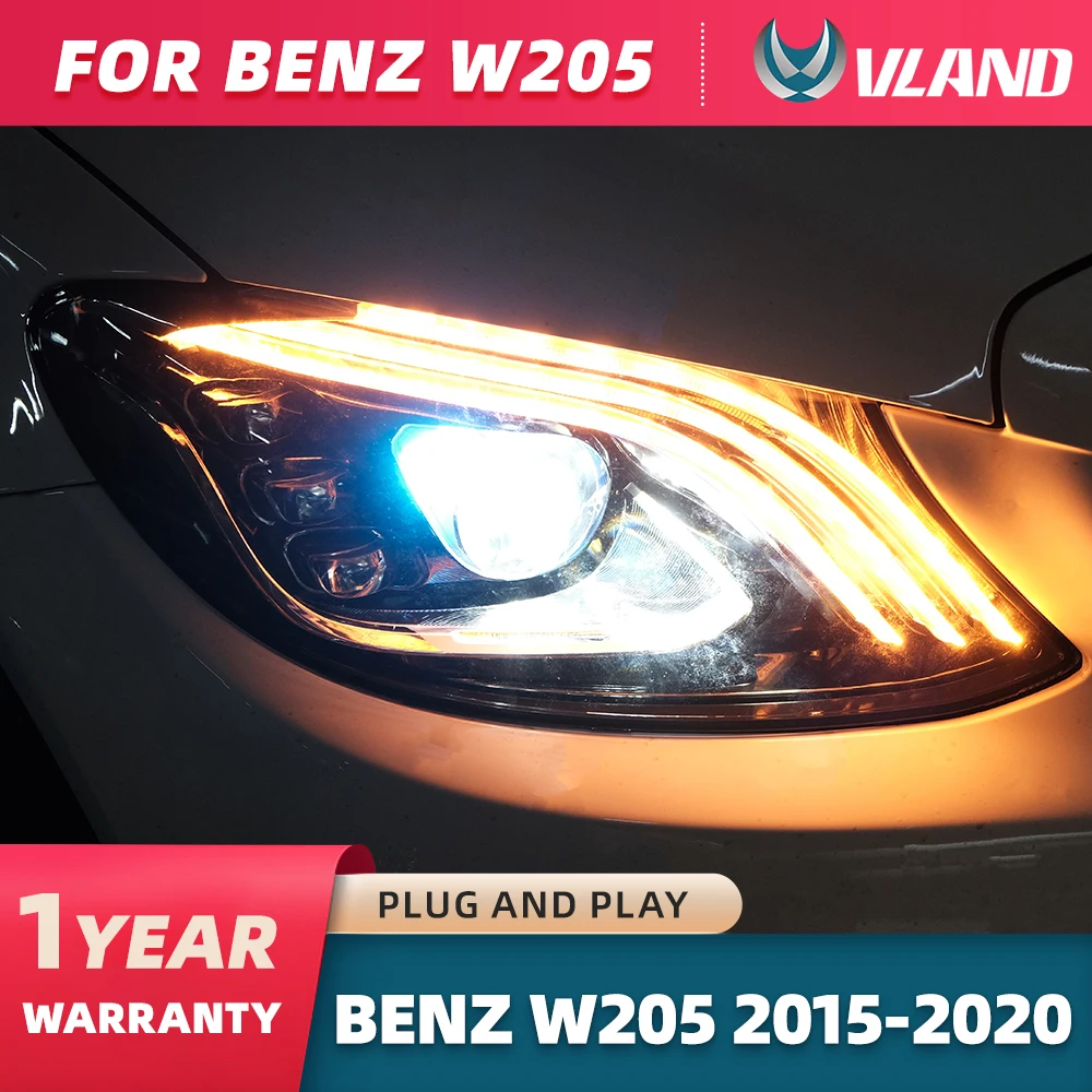 VLAND Headlight For Benz W205 C-Class C200 C180 C260 LED 2015-2021 HeadLamp LED Styling Dynamic Turn Signal Lens Automotive