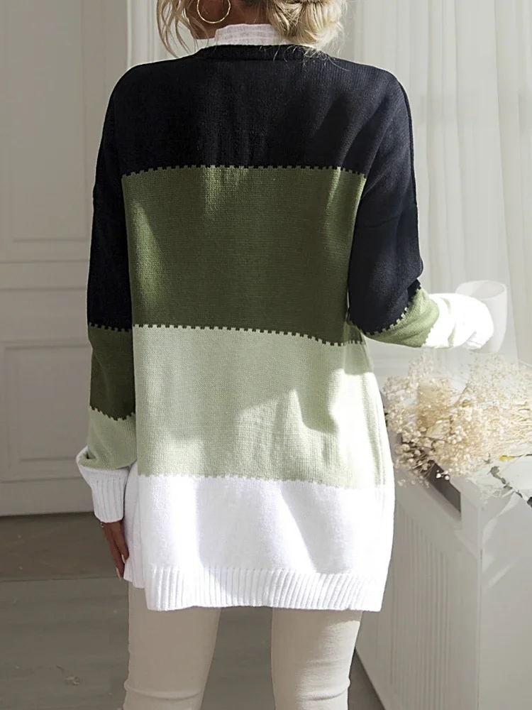 Knitted Splicing Casual Cardigan Autumn Long Coat Top Patchwork Cardigan Winter Women Sweater High Street Long Sleeve Sweater